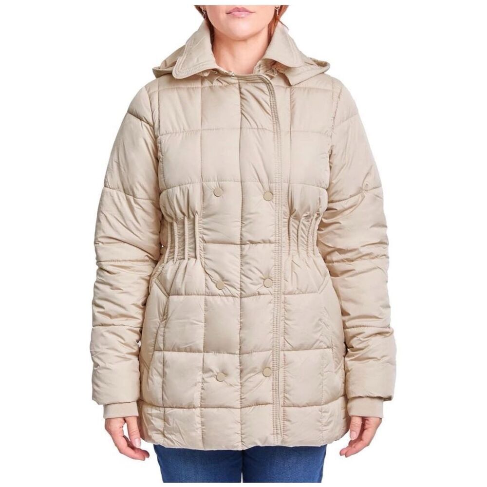 Women's Detailed Snap Puffer Jacket beige coat XL